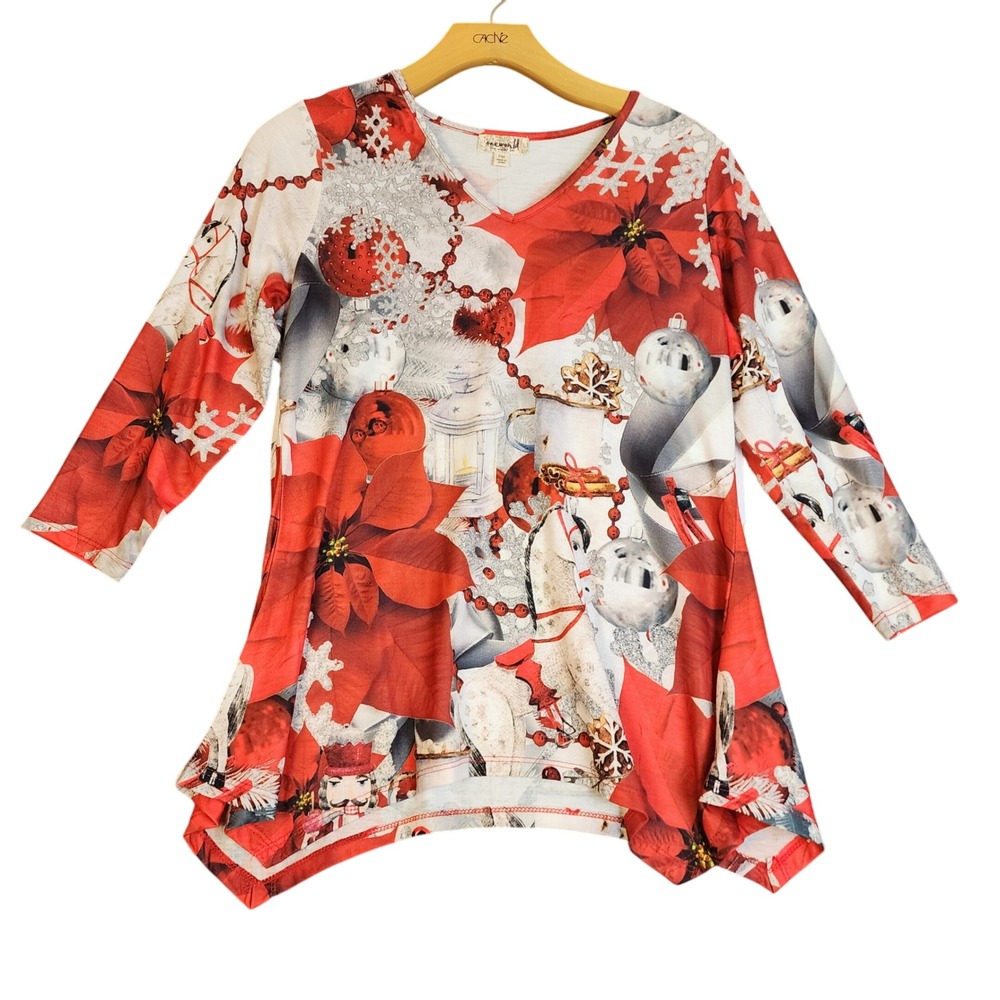 One World Holiday Christmas Poinsettia Snowman Tunic Top Women PM Red White